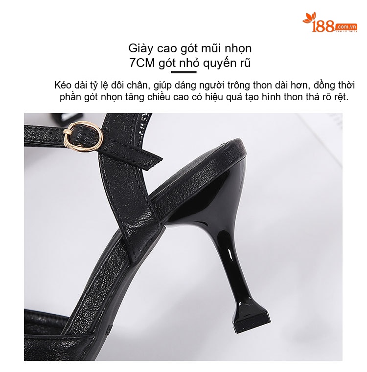 Giày Sandal Cao Gót Nữ Quai Mảnh Đính Đá Gót Cao 7cm - 8cm Màu Đen, Kem chi tiết 8