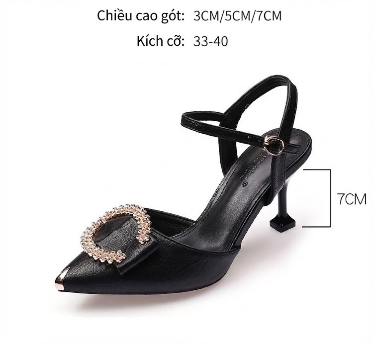Giày Sandal Cao Gót Nữ Quai Mảnh Đính Đá Gót Cao 7cm - 8cm Màu Đen, Kem chi tiết 4