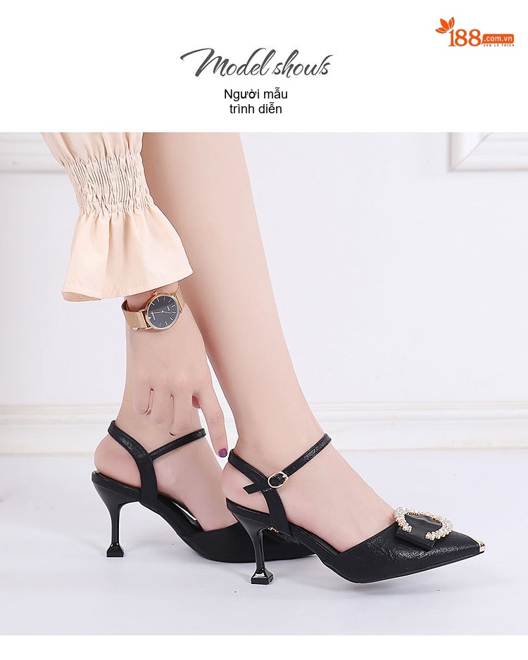 Giày Sandal Cao Gót Nữ Quai Mảnh Đính Đá Gót Cao 7cm - 8cm Màu Đen, Kem chi tiết 10