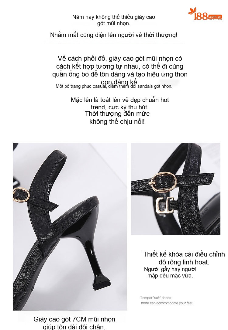 Giày Sandal Cao Gót Nữ Quai Mảnh Đính Đá Gót Cao 7cm - 8cm Màu Đen, Kem chi tiết 2