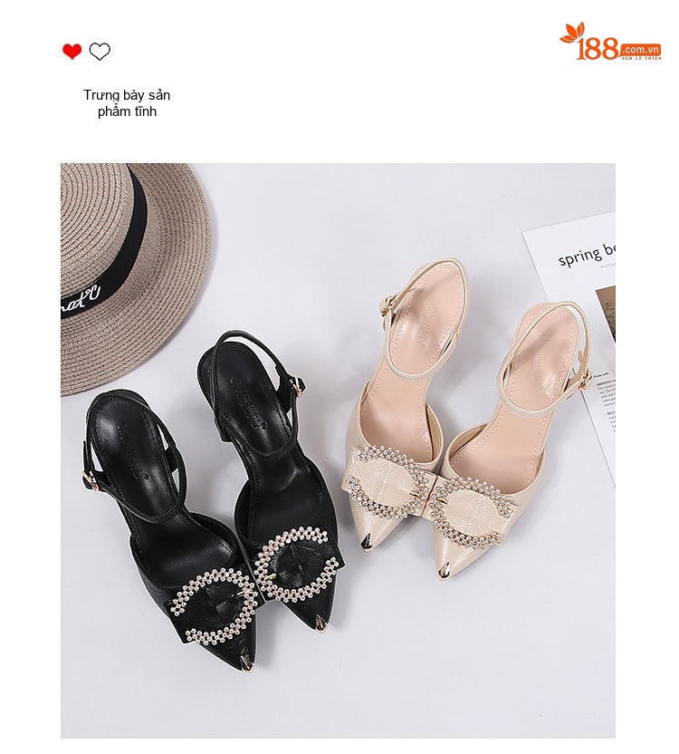 Giày Sandal Cao Gót Nữ Quai Mảnh Đính Đá Gót Cao 7cm - 8cm Màu Đen, Kem chi tiết 22