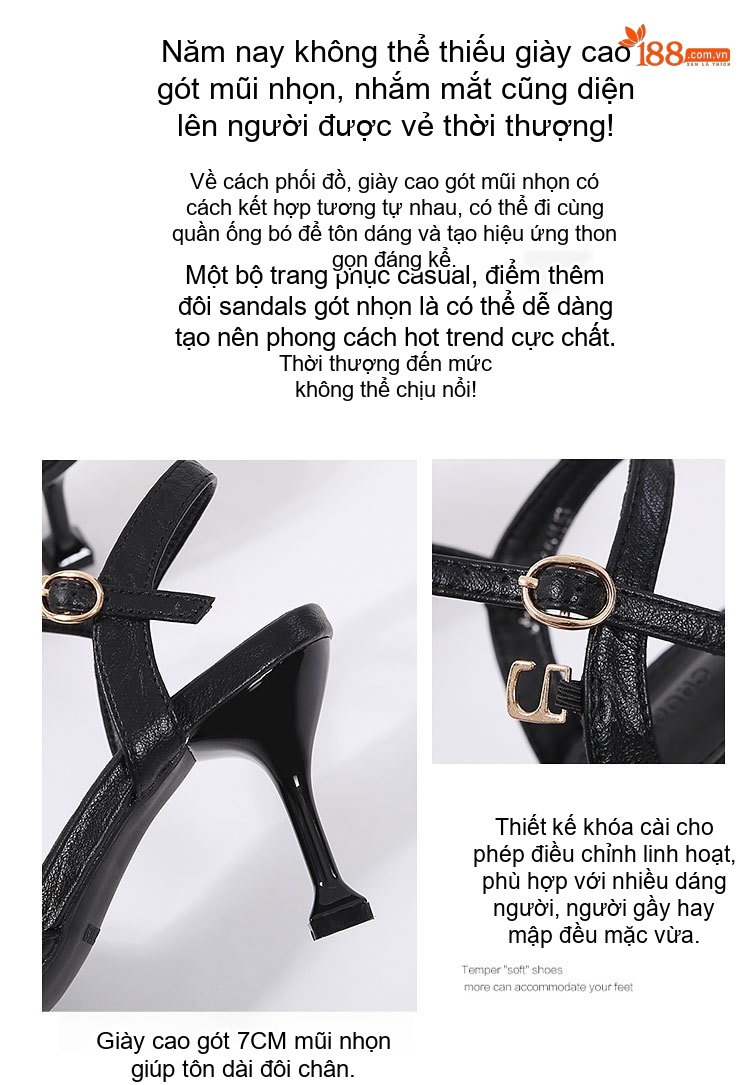 Giày Sandal Cao Gót Nữ Da Bóng Hở Ngón Quai Mảnh Đính Đá Gót Cao 7cm - 8cm Màu Đen, Kem chi tiết 3