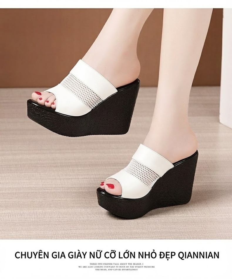 Dép Quai Ngang Nữ Đế Xuồng Cao 11cm Da Bóng Chống Nước Màu Đen, Trắng, Đỏ chi tiết 14