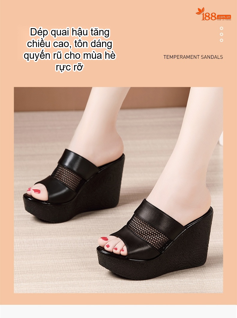 Dép Quai Ngang Nữ Đế Xuồng Cao 11cm Da Bóng Chống Nước Màu Đen, Trắng, Đỏ chi tiết 3