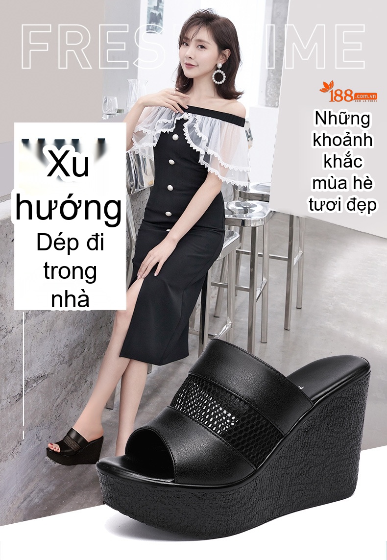 Dép Quai Ngang Nữ Đế Xuồng Cao 11cm Da Bóng Chống Nước Màu Đen, Trắng, Đỏ chi tiết 1