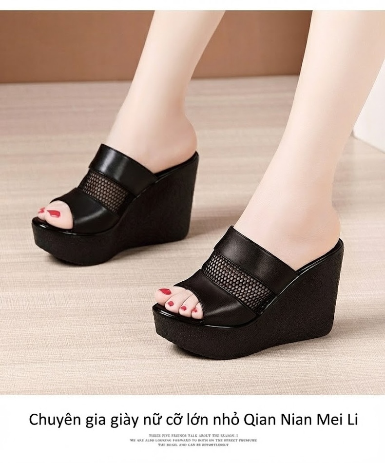 Dép Quai Ngang Nữ Đế Xuồng Cao 11cm Da Bóng Chống Nước Màu Đen, Trắng, Đỏ chi tiết 11