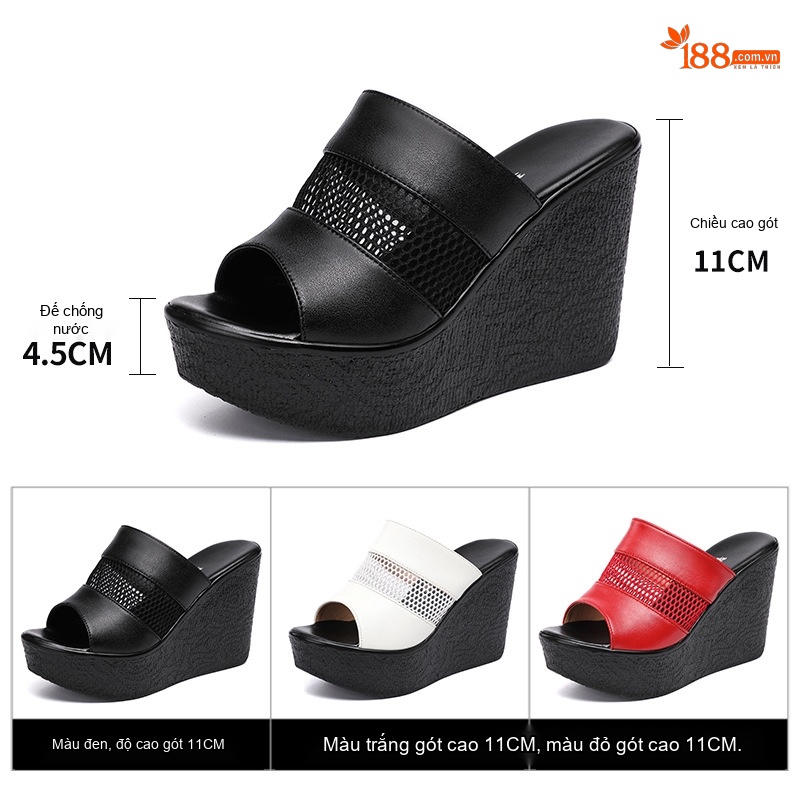 Dép Quai Ngang Nữ Đế Xuồng Cao 11cm Da Bóng Chống Nước Màu Đen, Trắng, Đỏ