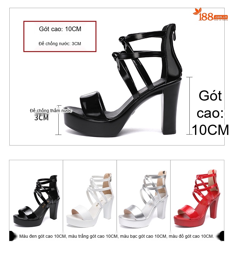 Giày Sandal Cao Gót Nữ Quai Hậu Hở Ngón Da Bóng Gót Cao 10cm Màu Đen, Trắng, Đỏ, Bạc... chi tiết 4