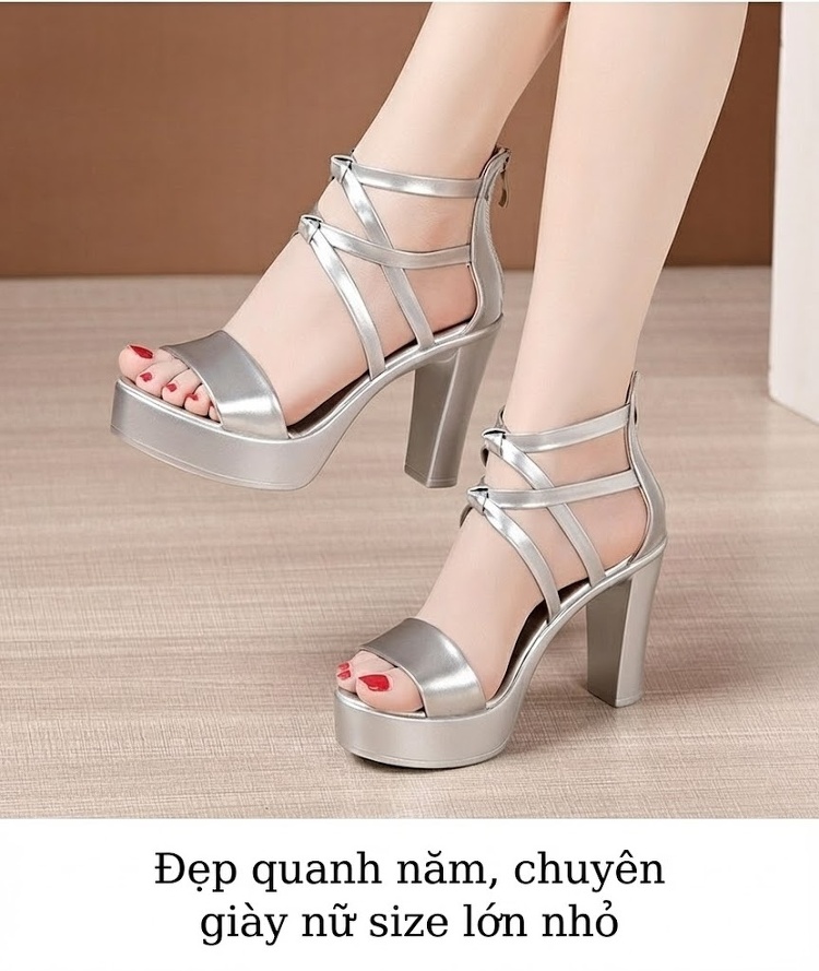 Giày Sandal Cao Gót Nữ Quai Hậu Hở Ngón Da Bóng Gót Cao 10cm Màu Đen, Trắng, Đỏ, Bạc... chi tiết 13
