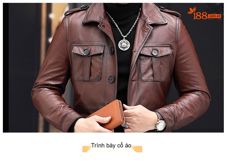 Áo Khoác Da Nam Da Bò Cổ Bẻ Dáng Ôm Màu Nâu, Đen chi tiết 20