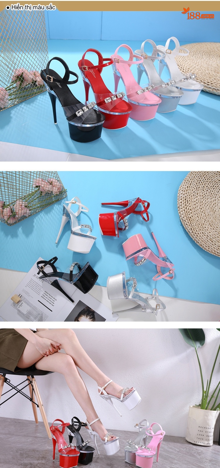 Giày Sandal Cao Gót Nữ Quai Trong Suốt Đế Xuồng Gót Trụ Đính Đá Gót Cao 17cm Màu Đen, Trắng, Đỏ, Hồng... chi tiết 1