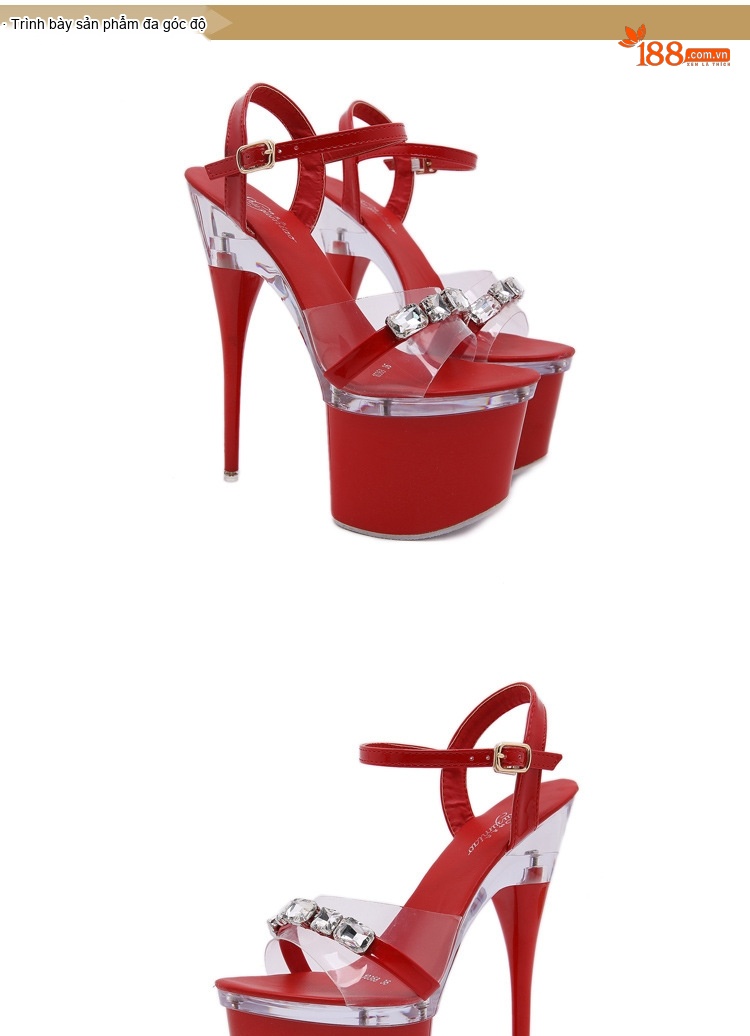 Giày Sandal Cao Gót Nữ Quai Trong Suốt Đế Xuồng Gót Trụ Đính Đá Gót Cao 17cm Màu Đen, Trắng, Đỏ, Hồng... chi tiết 12