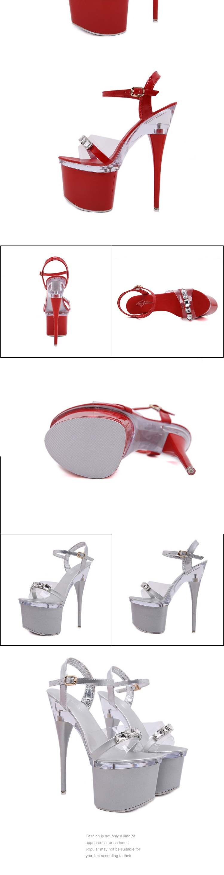 Giày Sandal Cao Gót Nữ Quai Trong Suốt Đế Xuồng Gót Trụ Đính Đá Gót Cao 17cm Màu Đen, Trắng, Đỏ, Hồng... chi tiết 13