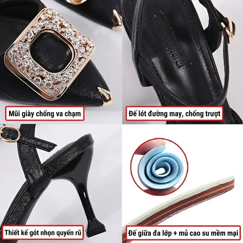 Giày Sandal Cao Gót Nữ Da Bóng Hở Ngón Quai Mảnh Đính Đá Gót Cao 7cm - 8cm Màu Đen, Kem