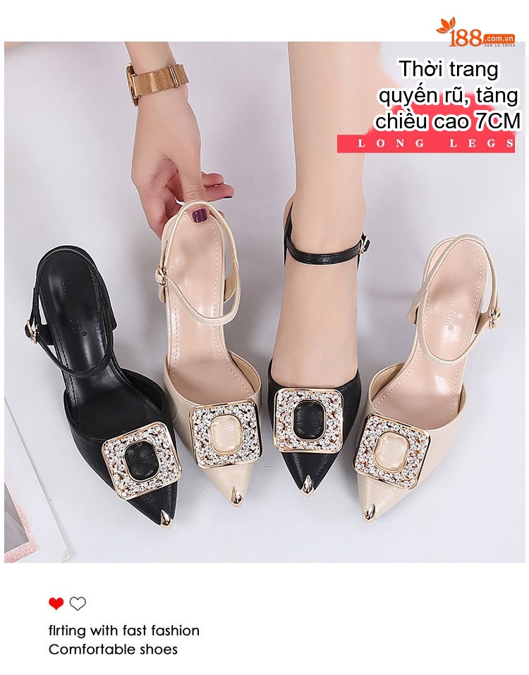 Giày Sandal Cao Gót Nữ Da Bóng Hở Ngón Quai Mảnh Đính Đá Gót Cao 7cm - 8cm Màu Đen, Kem chi tiết 1