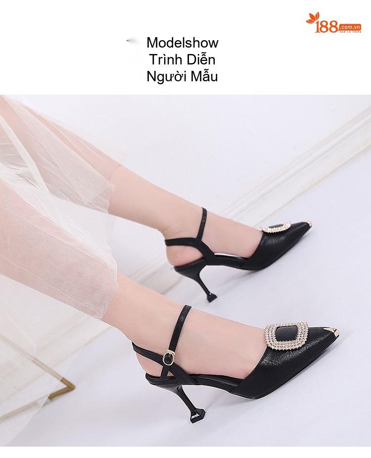 Giày Cao Gót Bít Mũi Đính Đá Chiều Cao Đế Khoảng 6cm Màu Đen, Kem chi tiết 10