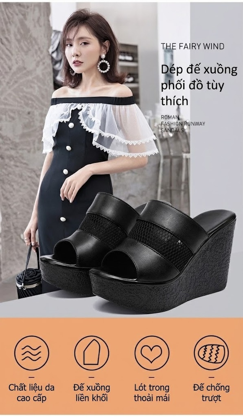Dép Quai Ngang Nữ Đế Xuồng Cao 11cm Da Bóng Chống Nước Màu Đen, Trắng, Đỏ chi tiết 6