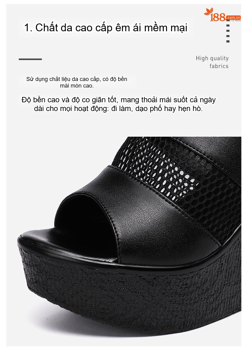 Dép Quai Ngang Nữ Đế Xuồng Cao 11cm Da Bóng Chống Nước Màu Đen, Trắng, Đỏ chi tiết 7