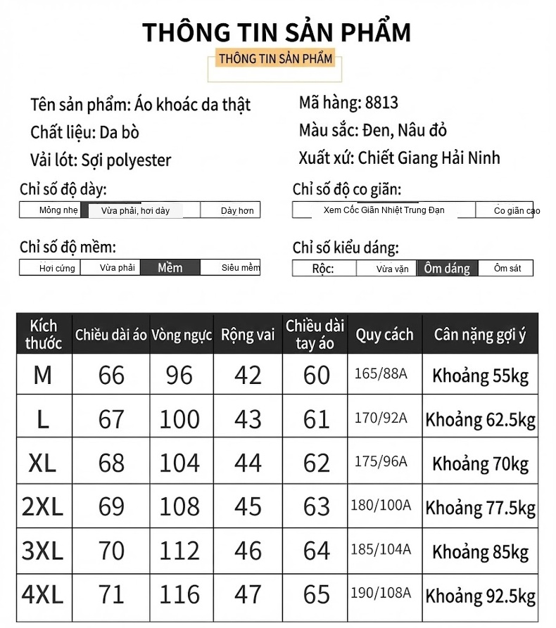 Áo Khoác Da Nam Da Bò Cổ Bẻ Dáng Ôm Màu Nâu, Đen chi tiết 4