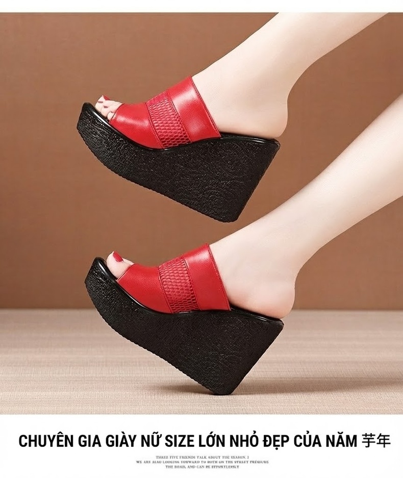 Dép Quai Ngang Nữ Đế Xuồng Cao 11cm Da Bóng Chống Nước Màu Đen, Trắng, Đỏ chi tiết 13