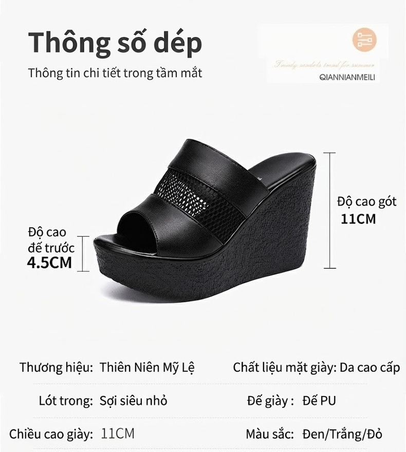 Dép Quai Ngang Nữ Đế Xuồng Cao 11cm Da Bóng Chống Nước Màu Đen, Trắng, Đỏ chi tiết 4