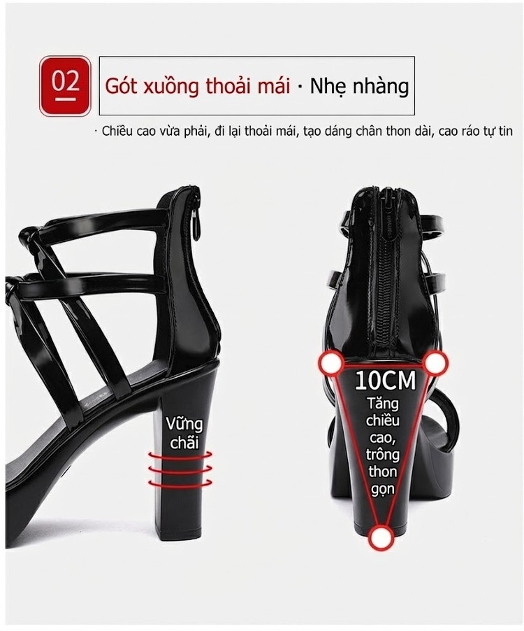 Giày Sandal Cao Gót Nữ Quai Hậu Hở Ngón Da Bóng Gót Cao 10cm Màu Đen, Trắng, Đỏ, Bạc... chi tiết 7