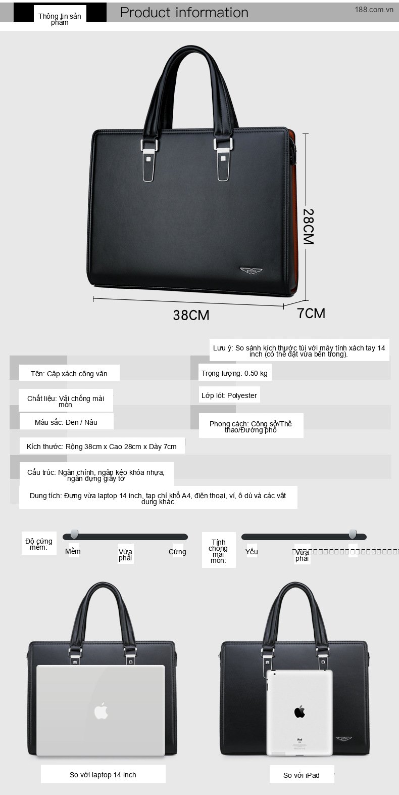 Cặp Túi Xách Tay Nam Công Sở Đựng Laptop Khóa Số Màu Đen chi tiết 4