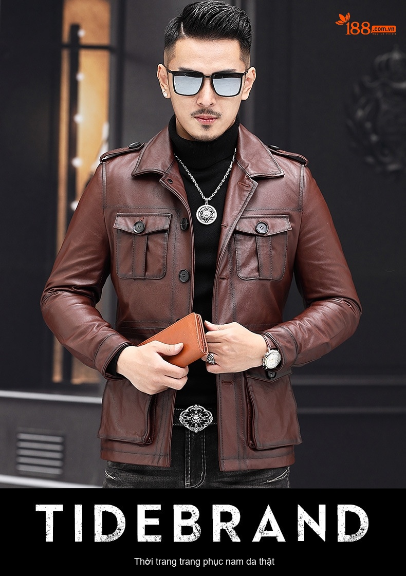 Áo Khoác Da Nam Da Bò Cổ Bẻ Dáng Ôm Màu Nâu, Đen chi tiết 12