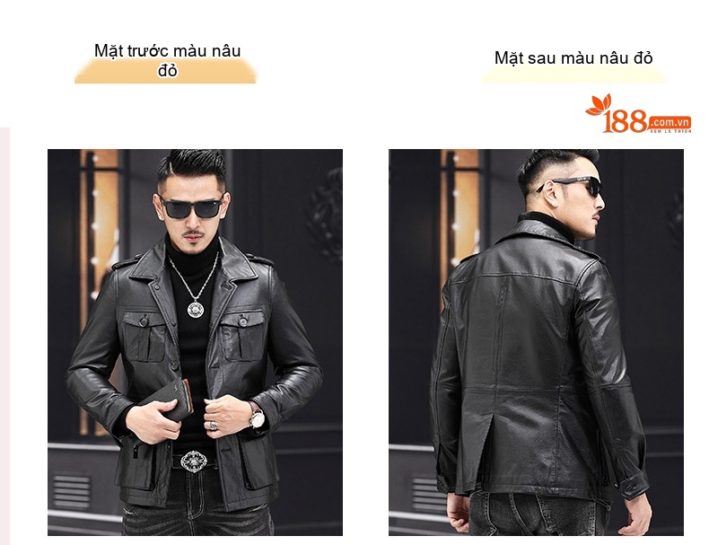 Áo Khoác Da Nam Da Bò Cổ Bẻ Dáng Ôm Màu Nâu, Đen chi tiết 10