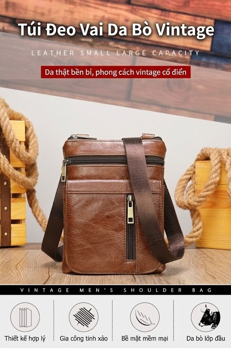 Túi Đeo Chéo Nam Da Bò Đựng Điện Thoại Đa Năng Màu Nâu chi tiết 1