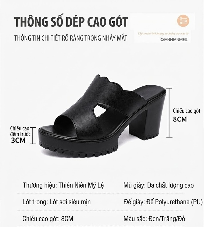 Giày Sandal Cao Gót Nữ Hở Ngón Quai Ngang Đế Xuồng Gót Cao 8cm Màu Đen, Trắng, Đỏ chi tiết 3