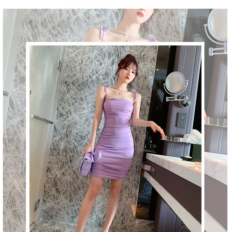 Váy Hai Dây Nữ Ôm Body Dáng Ngắn Xếp Ly Màu Tím chi tiết 1