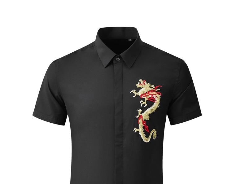 Áo Sơ Mi Tay Ngắn Nam Cotton Thêu Hình Rồng Phong Cách Trung Hoa Cổ Điển Màu Đen, Xanh Dương, Trắng, Xám chi tiết 1