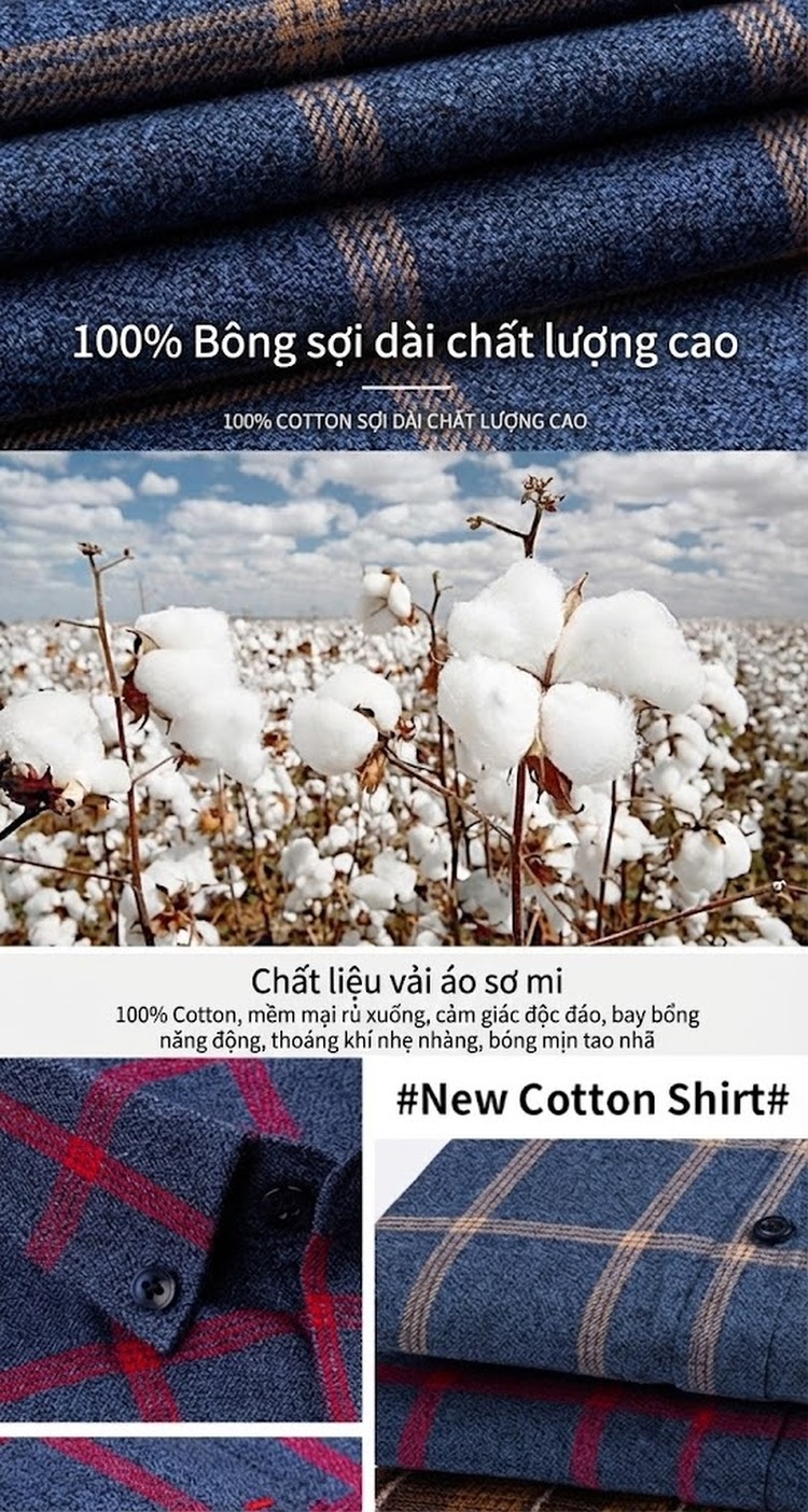 Áo Sơ Mi Tay Dài Nam Cotton Kẻ Caro Dáng Ôm Vừa Vặn Hàng Ngày Màu Xanh Navy, Đỏ, Vàng, Xám... chi tiết 2