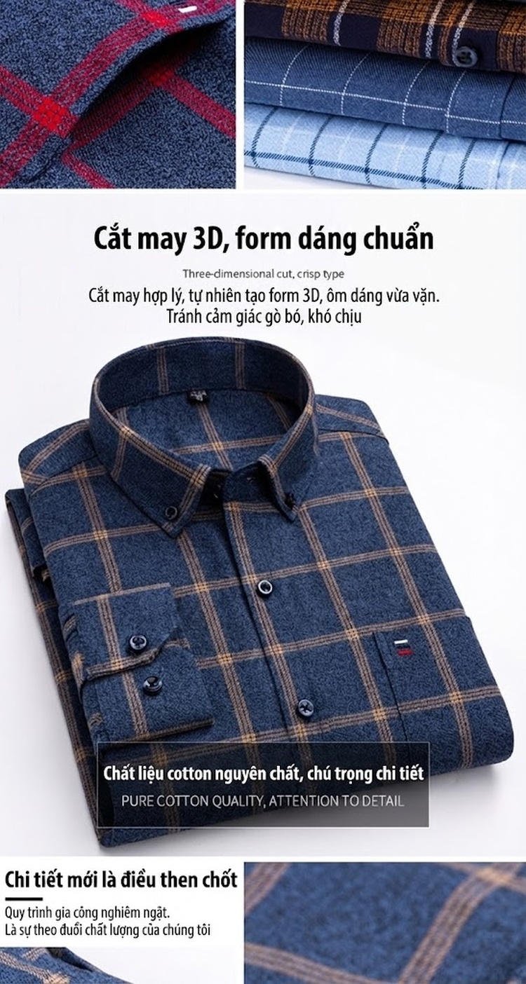 Áo Sơ Mi Tay Dài Nam Cotton Kẻ Caro Dáng Ôm Vừa Vặn Hàng Ngày Màu Xanh Navy, Đỏ, Vàng, Xám... chi tiết 3