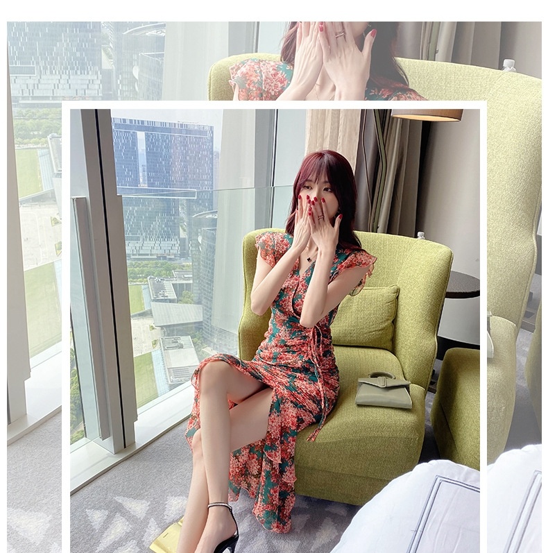 Váy liền thân Nữ Tay Bèo Cổ chữ V In Hoa Xếp Ly Đuôi Cá Chất Liệu Tuyết Mưa Màu Xanh, Hồng chi tiết 1