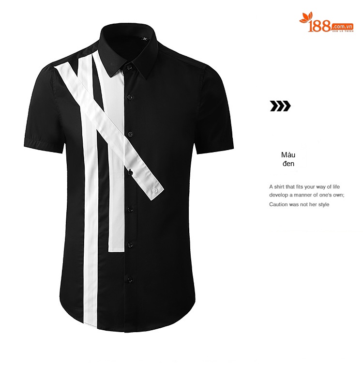 Áo Sơ Mi Tay Ngắn Nam Phối Dây Ruy Băng Bất Đối Xứng Phong Cách Thời Trang Màu Trắng, Đen chi tiết 10