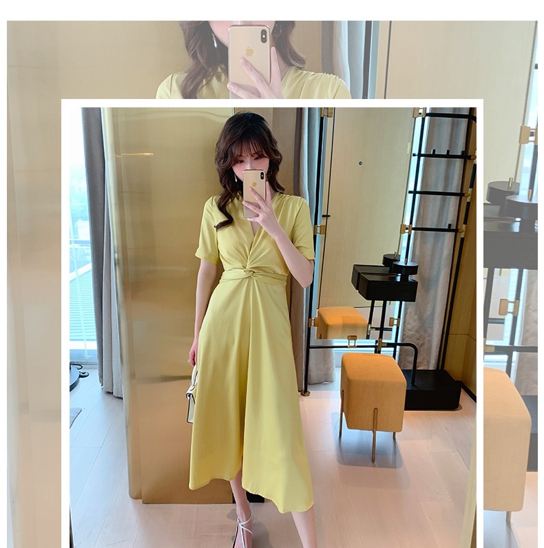 Váy Đầm Nữ Tay Ngắn Cổ Chữ V dáng chữ A Chiết Eo Thắt Dây Màu Vàng Chanh chi tiết 1