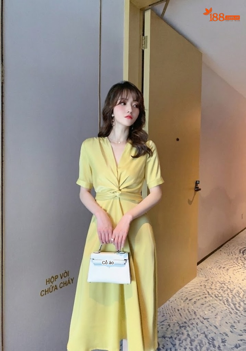 Váy Đầm Nữ Tay Ngắn Cổ Chữ V dáng chữ A Chiết Eo Thắt Dây Màu Vàng Chanh chi tiết 6
