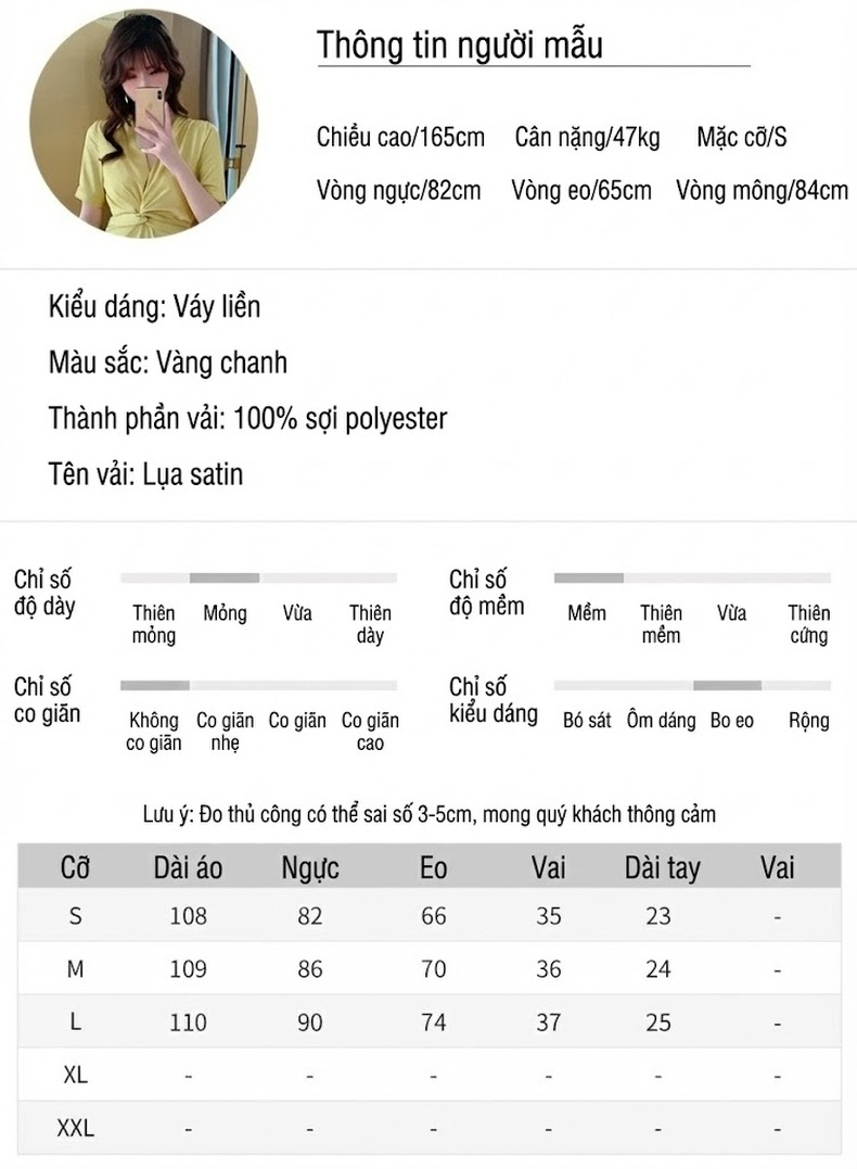 Váy Đầm Nữ Tay Ngắn Cổ Chữ V dáng chữ A Chiết Eo Thắt Dây Màu Vàng Chanh chi tiết 3