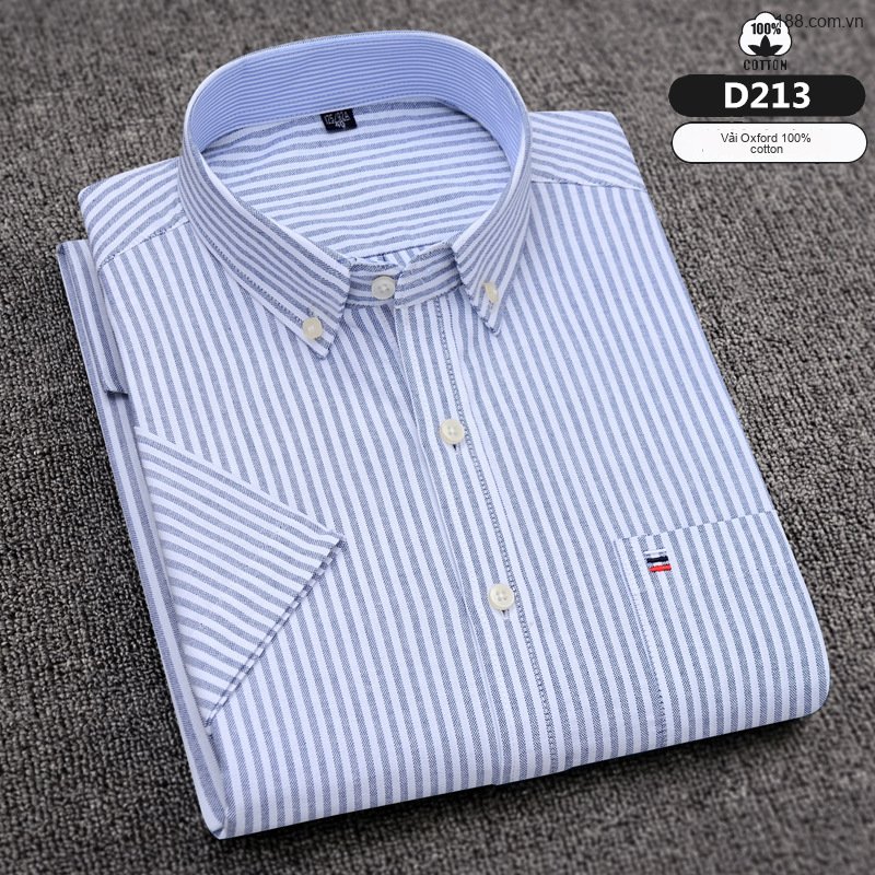 Áo Sơ Mi Tay Ngắn Nam Cotton Dáng Ôm Họa Tiết Kẻ Sọc Màu Xanh, Trắng, Nâu, Xám...