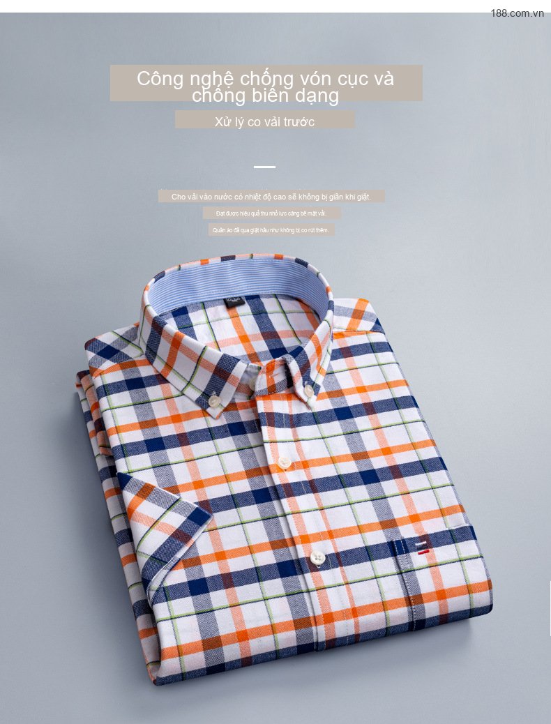 Áo Sơ Mi Tay Ngắn Nam Cotton Dáng Ôm Họa Tiết Kẻ Sọc Màu Xanh, Trắng, Nâu, Xám... chi tiết 4
