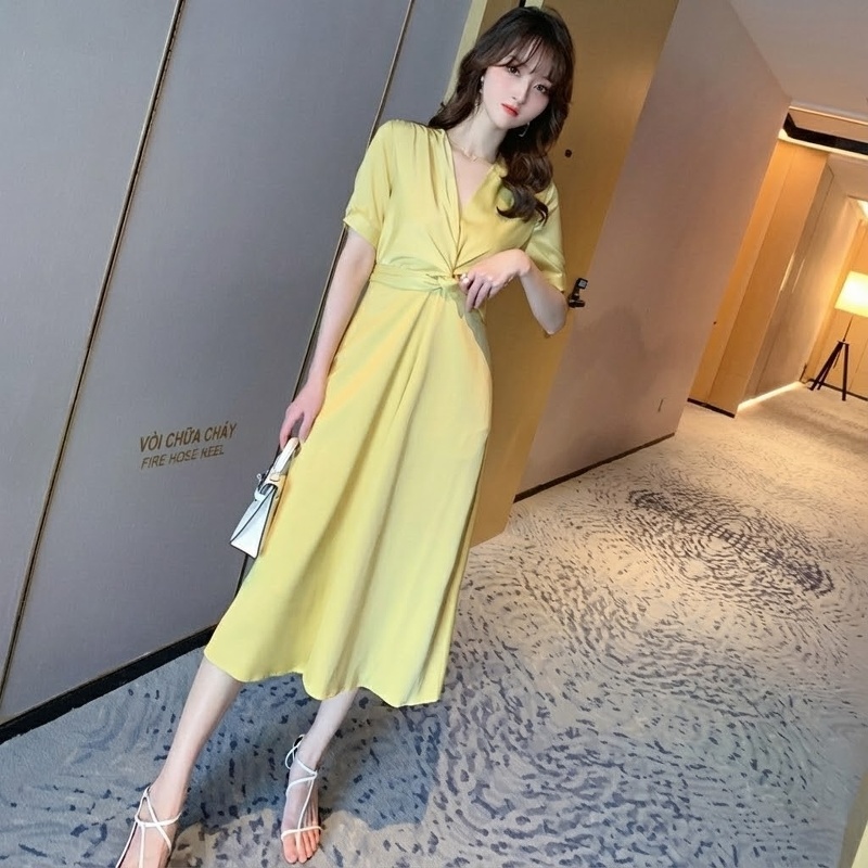 Váy Đầm Nữ Tay Ngắn Cổ Chữ V dáng chữ A Chiết Eo Thắt Dây Màu Vàng Chanh