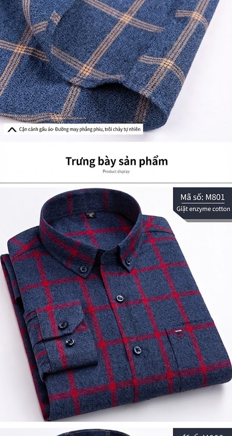 Áo Sơ Mi Tay Dài Nam Cotton Kẻ Caro Dáng Ôm Vừa Vặn Hàng Ngày Màu Xanh Navy, Đỏ, Vàng, Xám... chi tiết 7