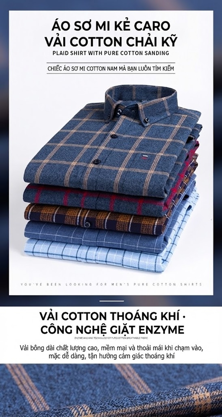 Áo Sơ Mi Tay Dài Nam Cotton Kẻ Caro Dáng Ôm Vừa Vặn Hàng Ngày Màu Xanh Navy, Đỏ, Vàng, Xám... chi tiết 1