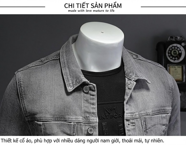 Áo Khoác Jean Nam Co Giãn Màu Xám Khói In Nổi chi tiết 7