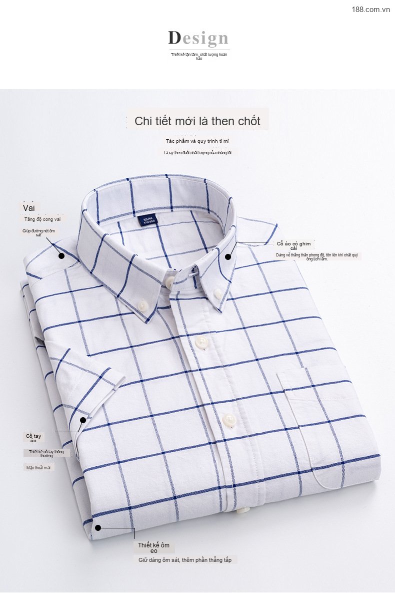 Áo Sơ Mi Tay Ngắn Nam Cotton Dáng Ôm Họa Tiết Kẻ Sọc Màu Xanh, Trắng, Nâu, Xám... chi tiết 3