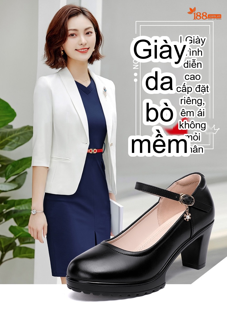 Giày Cao Gót Nữ Da Bò Quai Ngang Chiều Cao Đế Khoảng 8cm Màu Đen, Trắng, Bạc, Đỏ... chi tiết 1