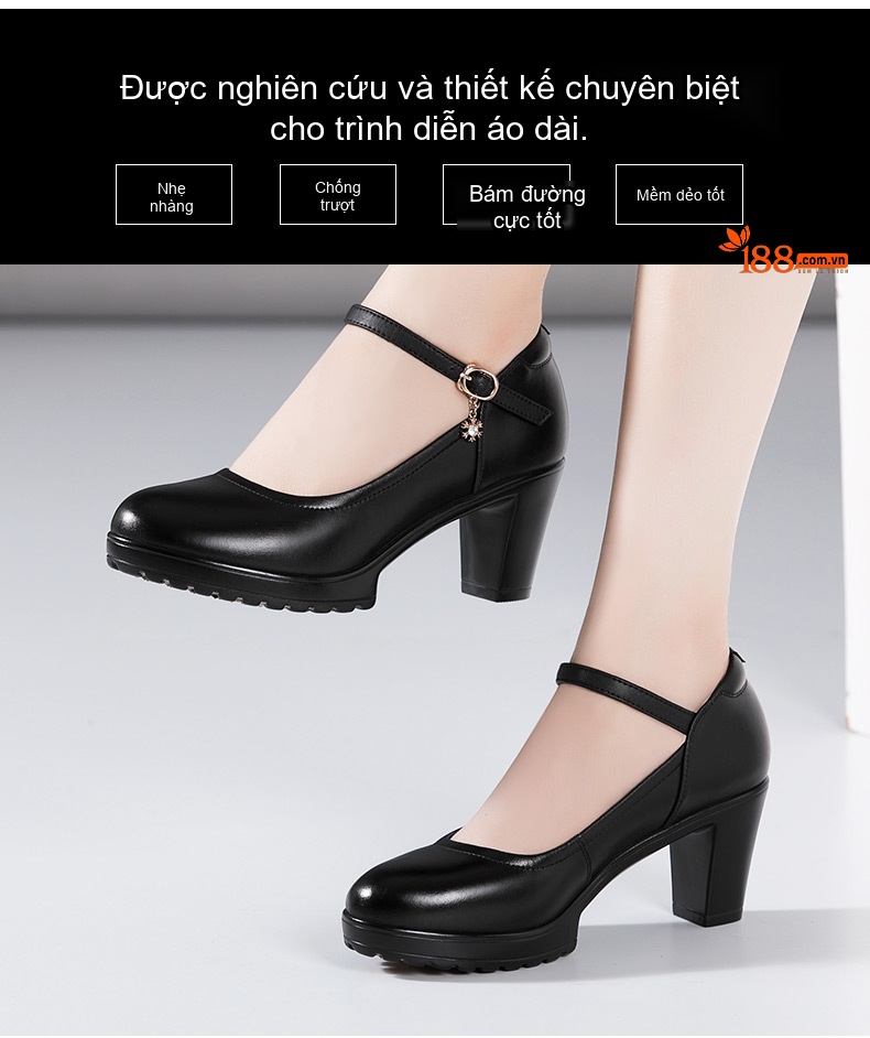 Giày Cao Gót Nữ Da Bò Quai Ngang Chiều Cao Đế Khoảng 8cm Màu Đen, Trắng, Bạc, Đỏ... chi tiết 3
