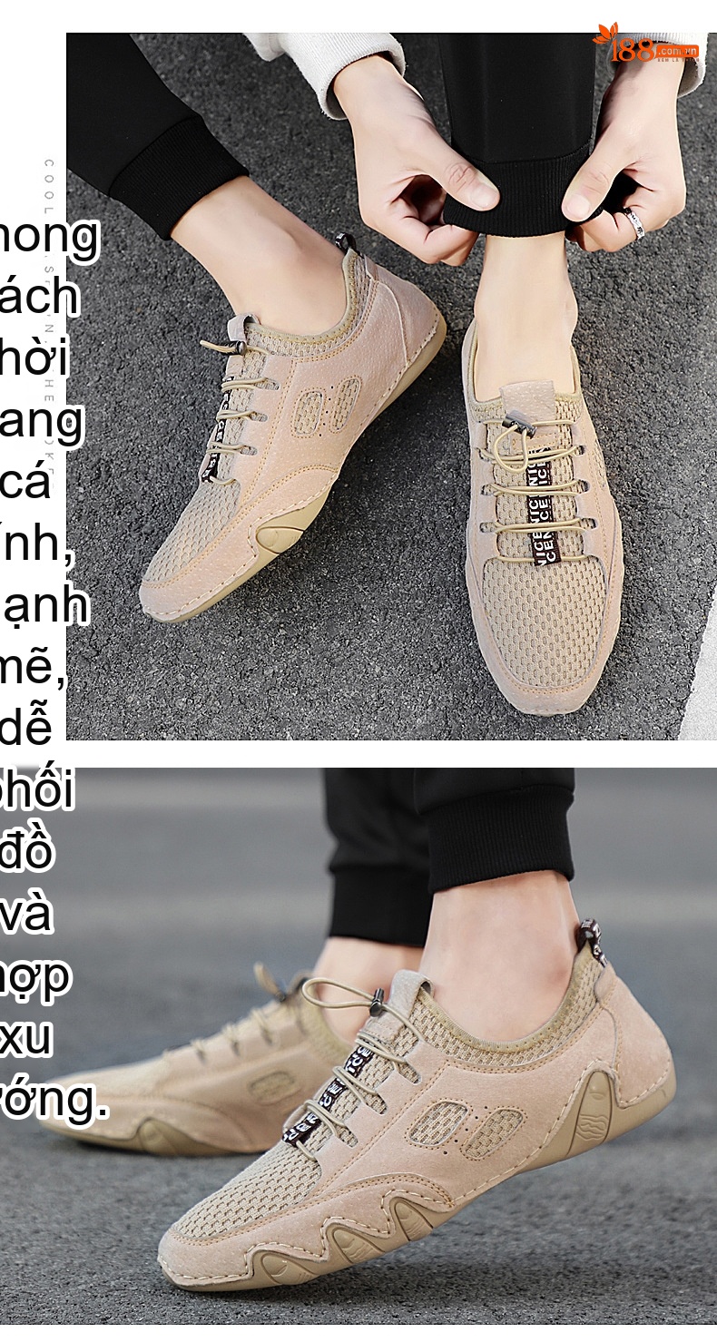 Giày Da Heo Nam Lưới Thoáng Khí Buộc Dây Đế Mềm Chiều Cao Đế Khoảng 3cm Màu Be, Xám chi tiết 15